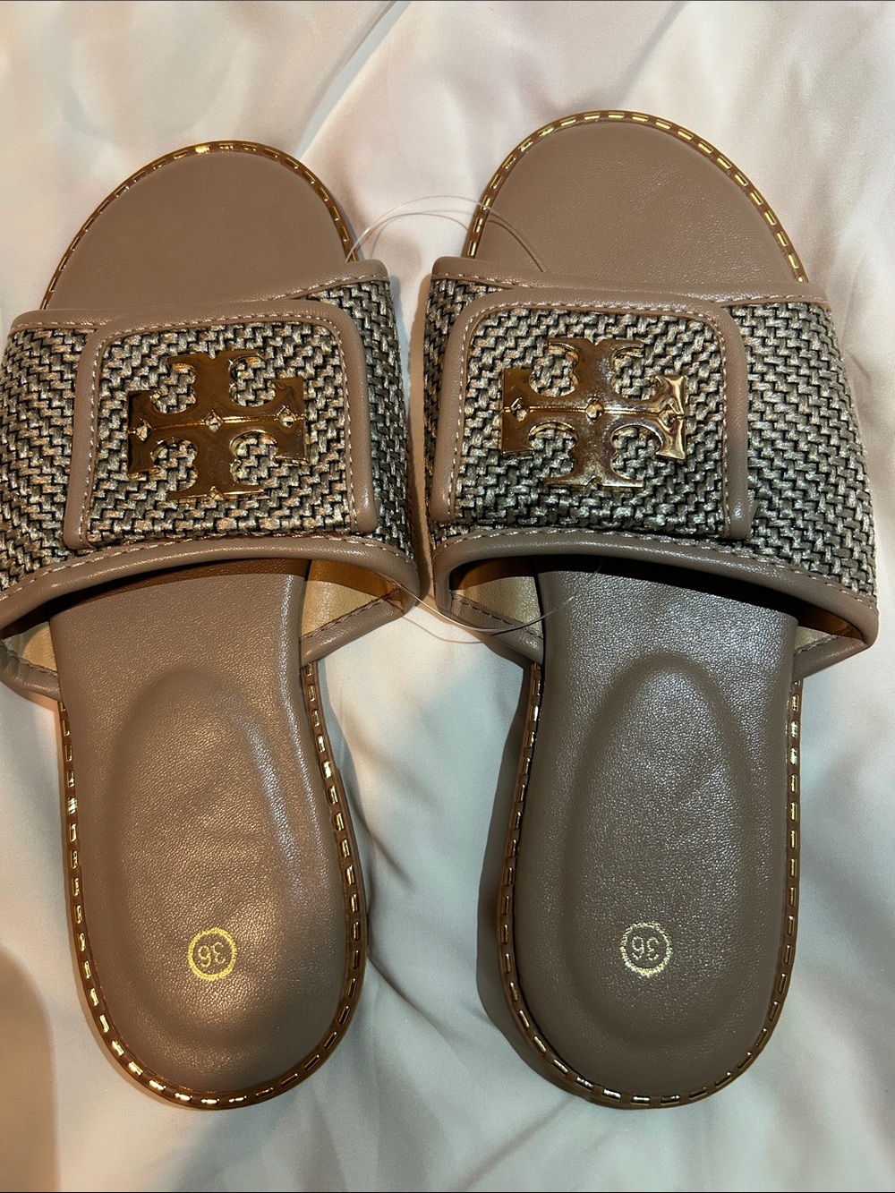 Woven Leather-Trim Slide Mules in Taupe with Gold Logo